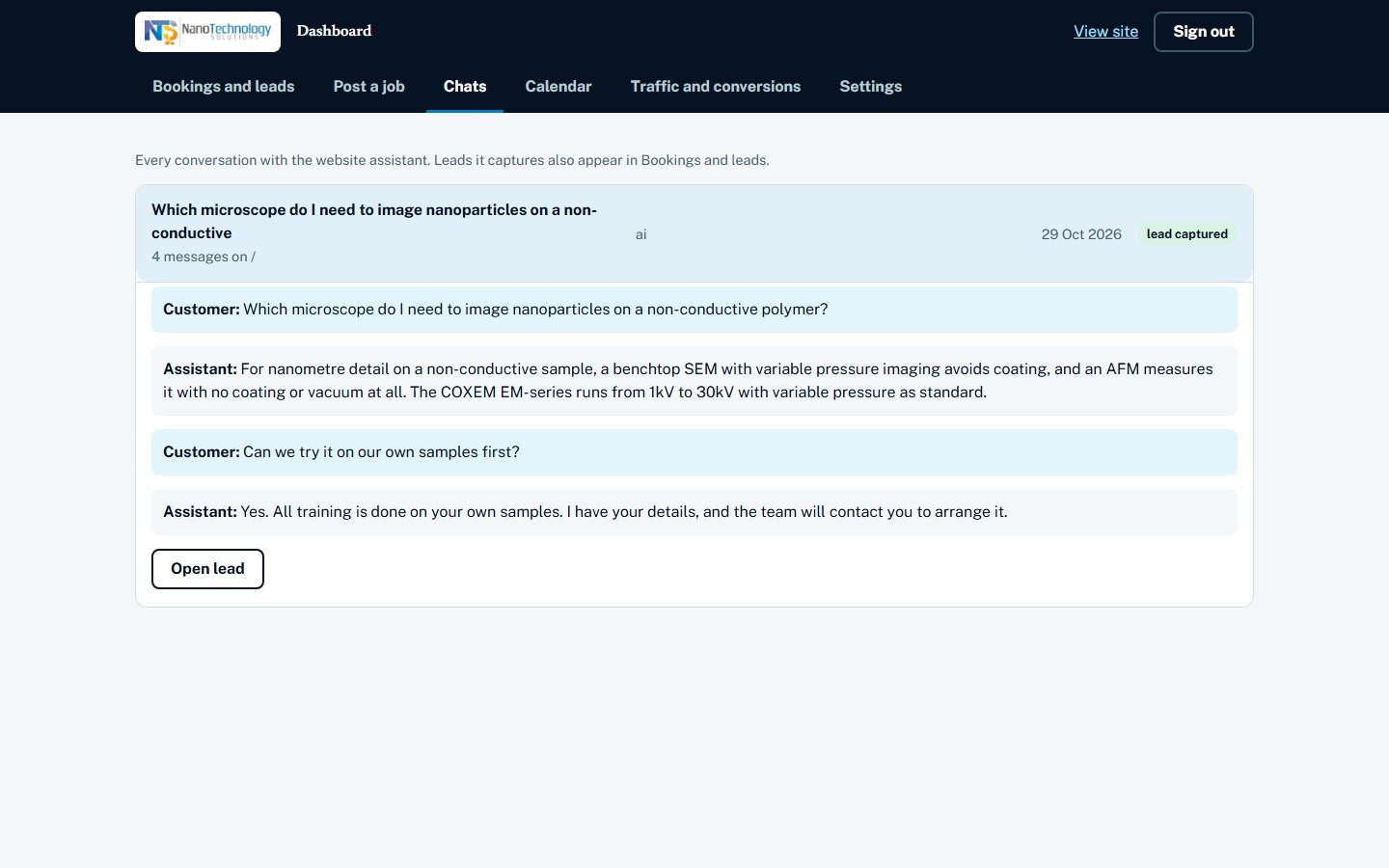 Dashboard: AI chat transcripts