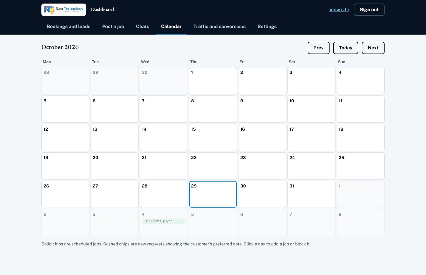 Dashboard: calendar